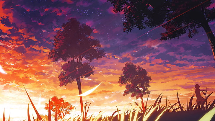 malowanie brązowych drzew, osoba stojąca przed drzewami ilustracja, drzewa, anime, manga, las, anime dziewczyny, grafika, chmury, natura, niebo, światło słoneczne, Tapety HD