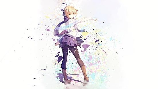 жена в бял топ и лилав тапет на пола, сабя, серия Fate, блондинка, шал, аниме момичета, HD тапет HD wallpaper