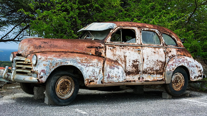vintage, vintage car, broken car, car, old car, antique car, vehicle, retro, old, classic, classic car, brick, rusty, HD wallpaper