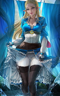  Princess Zelda, The Legend of Zelda, The Legend of Zelda: Breath of the Wild, video games, video game characters, video game girls, blonde, long hair, looking at viewer, smiling, elves, pointy ears, cleavage, dress, pants, thigh-highs, fingerless gloves, cloth, the gap, in water, water drops, artwork, drawing, illustration, digital art, fan art, Sakimichan, blue, cyan, HD wallpaper HD wallpaper