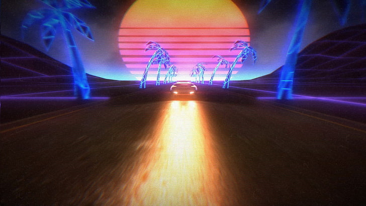 platt skärm, New Retro Wave, synthwave, 1980-talet, neon, bil, retrospel, HD tapet