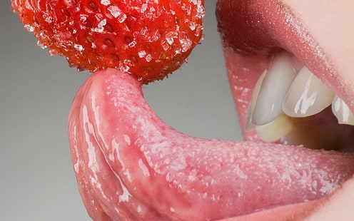 girl, mouth, strawberry, teeth, tongue, HD wallpaper HD wallpaper