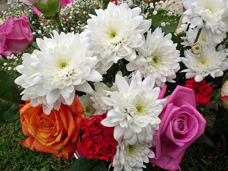 assorted flowers bouquet, roses, chrysanthemums, flowers, carnations, gypsophila, bouquet, HD wallpaper
