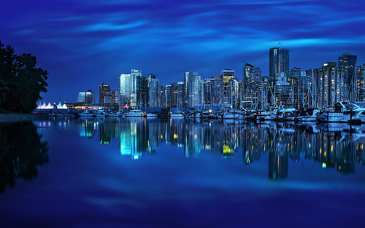 Vancouver's Mirror, blue, boats, britishcolumbia, canada, cities, cityscape, darkblue, dusk, long‑exposure, photography, reflections, skyline, vancouverbritishcolumbia, water, HD wallpaper