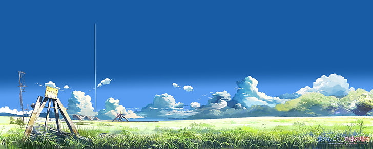 papier peint greenfield, paysage, manga, Makoto Shinkai, nuages, champ, contrails, Le lieu promis à nos débuts, Fond d'écran HD