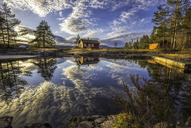 brown wooden house, clouds, trees, lake, reflection, home, Norway, RINGERIKE, HD wallpaper