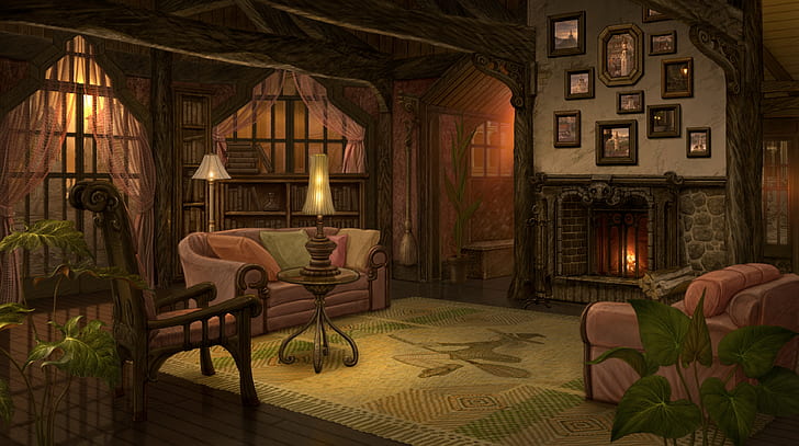 Fantasy, Room, Fireplace, HD wallpaper