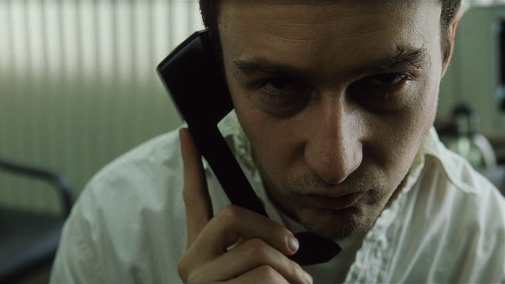 black telephone and men's white collared shirt, fight club, Tyler, handset, piercing gaze, HD wallpaper