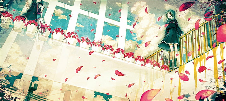 anime, asgr, bunnies, flowers, girls, pink, red, HD wallpaper