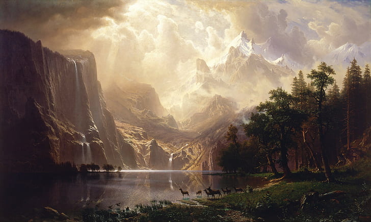 งานศิลปะ, ถิ่นทุรกันดาร, ท่ามกลางเทือกเขาเซียร์ราเนวาดา, เมฆ, ภูเขา, ภูมิทัศน์, ภาพวาด, Albert Bierstadt, วอลล์เปเปอร์ HD