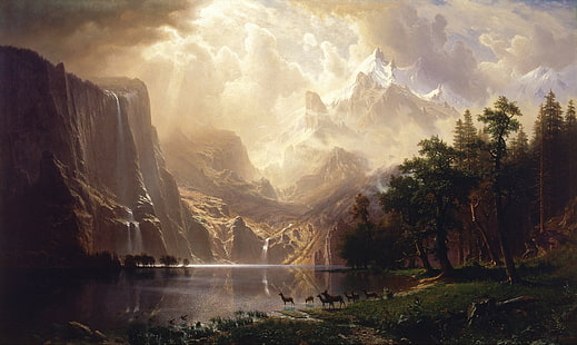 målning, landskap, berg, moln, konstverk, Albert Bierstadt, bland Sierra Nevada-bergen, vildmark, HD tapet HD wallpaper