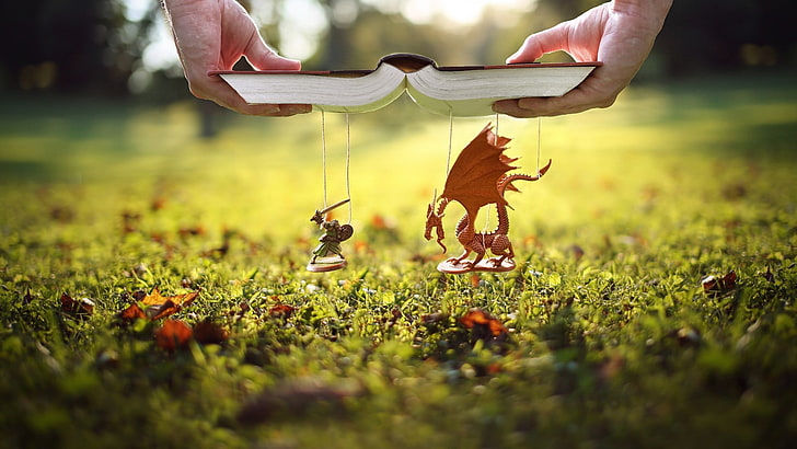 dragon and knight hanging artworks, dragon and knight puppet book, fantasy art, nature, photo manipulation, hands, books, dragon, grass, warrior, miniatures, toys, depth of field, field, leaves, bokeh, knight, sword, HD wallpaper
