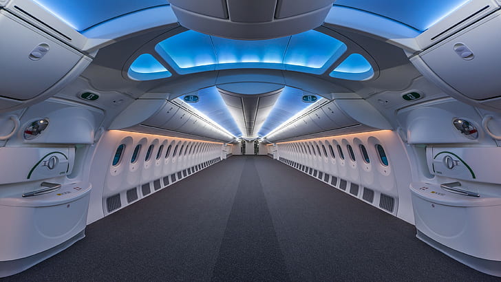 jet fighter, symmetry, Boeing 787, Boeing, luxury, interior, airplane, modern, window, HD wallpaper