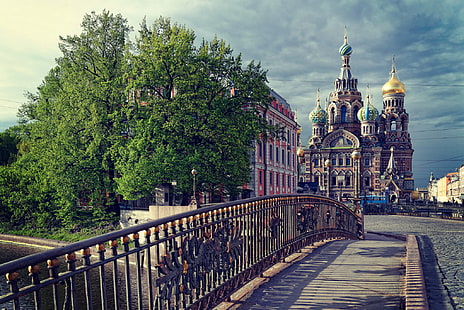Catedral de São Basílio, Rússia, são petersburgo, rússia, templo, o salvador do sangue derramado, cúpula, ponte, nuvens, HD papel de parede HD wallpaper