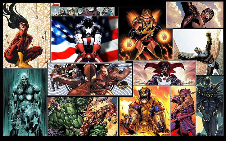The Avengers, Avengers, Black Panther (Marvel Comics), Captain America, Doctor Strange, Hawkeye, Hulk, Iron Man, Ms. Marvel, Spider-Man, Spider-Woman, Thor, Wolverine, HD тапет