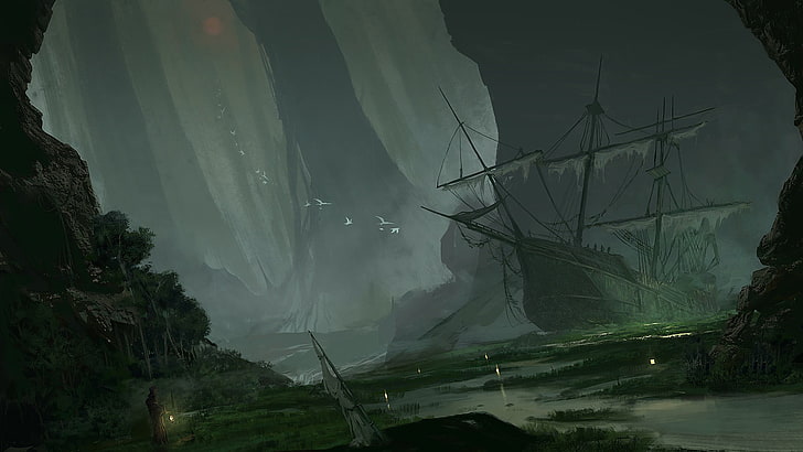 fondo de pantalla gráfico de barco pirata destrozado, obra de arte, arte de fantasía, barco, velero, pantano, abandonado, barcos que se hunden, Fondo de pantalla HD