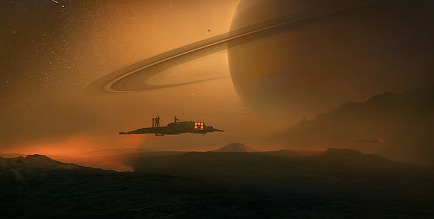 سفينة فضاء وكوكب خيالي خلفية رسومية ، خيال علمي ، تيتان، خلفية HD HD wallpaper