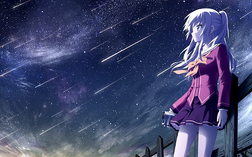 Аниме Шарлотта иллюстрации персонажей, аниме, Шарлотта (аниме), ночь, звезды, Томори Нао, школьная форма, HD обои HD wallpaper