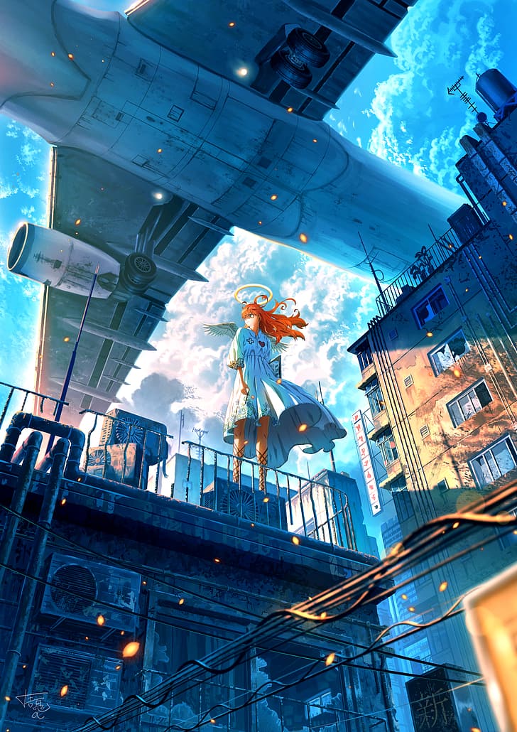 Shuu Illust, low-angle, portrait display, sky, cumulus, clouds, airplane, planes, anime girls, angel, nimbus, looking away, redhead, building, city, white dress, dress, hair over one eye, angel wings, wings, long hair, wires, antenna, sunlight, HD wallpaper