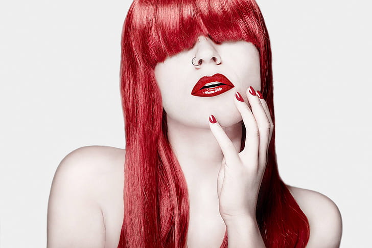 face, style, model, hand, lipstick, white background, sponge, manicure, red hair, bangs, Christian Friedsam, HD wallpaper