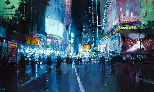 bâtiments de la ville peinture, oeuvre, ville, route, lumières, peinture, Times Square, New York, États-Unis, nuit, cyan, rue mouillée, Fond d'écran HD HD wallpaper
