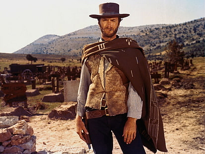 Clint Eastwood, armi, collina, cimitero, attore, male, pistola, tesoro, revolver, occidentale, buono, Clint Eastwood, cattivo, cappotto, selvaggio west, tomba, Sfondo HD HD wallpaper