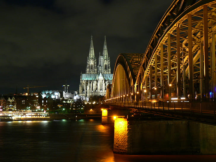 Twin Tower of Petronas across metal bridge during nighttime, köln, köln, Dom, Twin Tower, Petronas, metal bridge, nighttime, Germany, Christmas  Markets, Cathedral, Winter, Christmas Markets, Cologne, Nordrhein-Westfalen, river, architecture, cologne Cathedral, night, famous Place, bridge - Man Made Structure, europe, cityscape, HD wallpaper