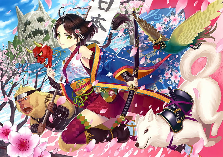 аниме, аниме девушки, меч, оружие, катана, вишня в цвету, животные, собака, кимоно, оригинальные персонажи, короткие волосы, обезьяна, птицы, HD обои