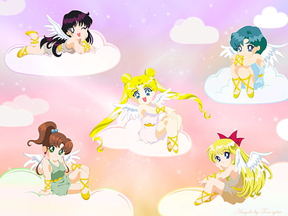 Sailromoon characters clip art, sailor moon, girls, clouds, smiles, angels, wings, HD wallpaper HD wallpaper