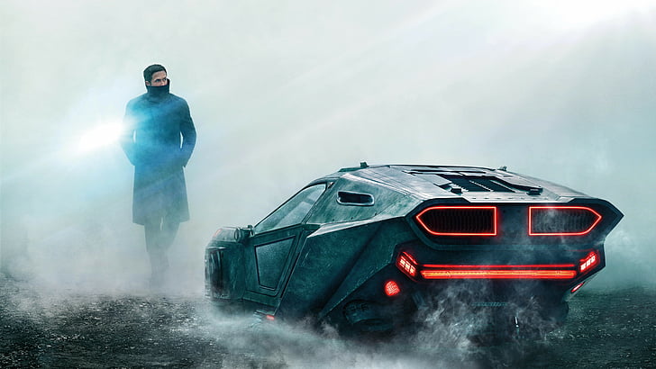 czarny samochód z cyfrową tapetą człowieka, Blade Runner 2049, Ryan Gosling, 8k, Tapety HD