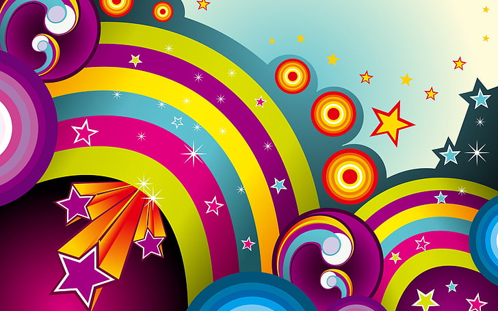Ilustración de arco iris de colores variados, estrellas, línea, círculos, abstracción, fondo, arco iris, Fondo de pantalla HD