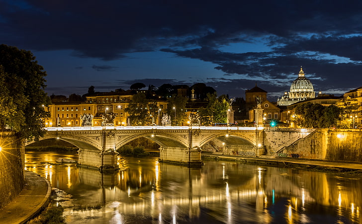Rom Petersdom Tiber by night HD Wallpaper, brown concrete bridge, City, night, rom, vatikan, petersdom, HD wallpaper