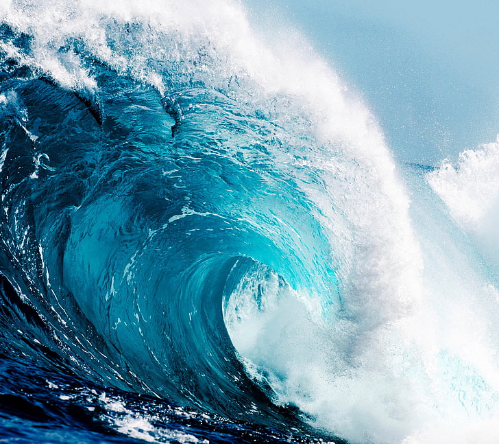 Ozeanwelle, Wellen, Meer, Blau, Cyan, Spritzer, HD-Hintergrundbild