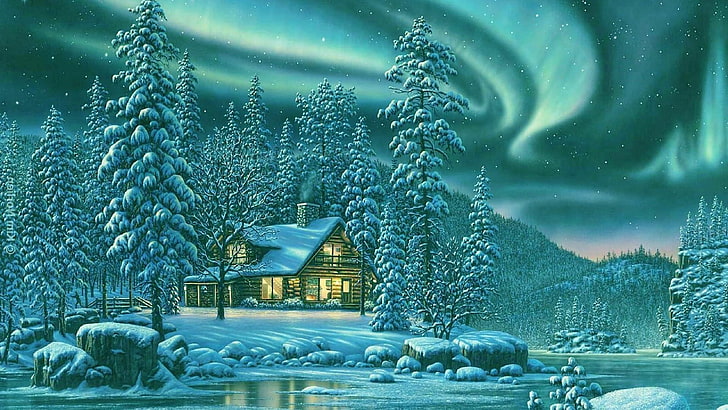 kutup ışıkları, ev, dağ evi, gece, yıldızlı gece, karlı, don, kozalaklı ağaç, günlük kabin, noel, doğa, kuzey ışıkları, kar, fenomen, nehir, donma, ağaç, gökyüzü, kış, HD masaüstü duvar kağıdı