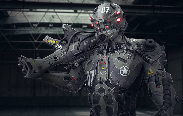 дигитално изкуство, войник, робот, оръжие, футуристично, научна фантастика, HD тапет