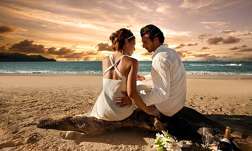 мъжка бяла рокля риза, двойка, момиче, плаж, любов, връзки, HD тапет HD wallpaper