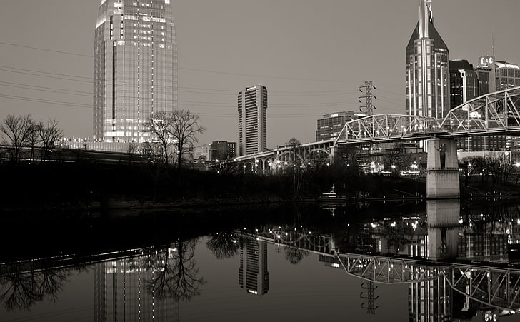 Hängebrücke, Schwarzweiß, Fluss, Brücke, Tennessee, Vereinigte Staaten, Vereinigte Staaten von Amerika, Nashville, Cumberland River, Shelby Avenue Bridge, Shelby Street Bridge, HD-Hintergrundbild