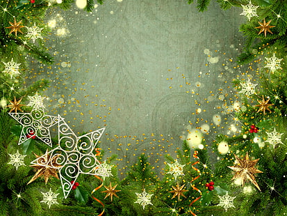 green Christmas wreath digital wallpaper, Christmas, New year, stars, HD wallpaper HD wallpaper