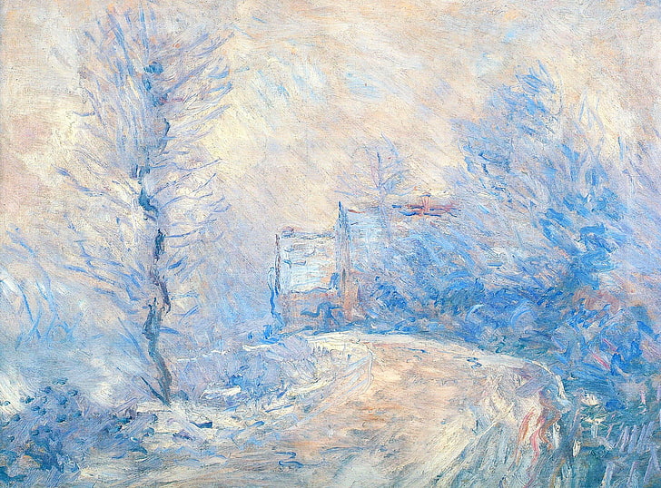 зима, пейзаж, картина, Клод Моне, Вход в Живерни под снегом, HD обои