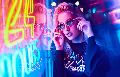 women, blonde, portrait, neon, sunglasses, reflection, HD wallpaper HD wallpaper