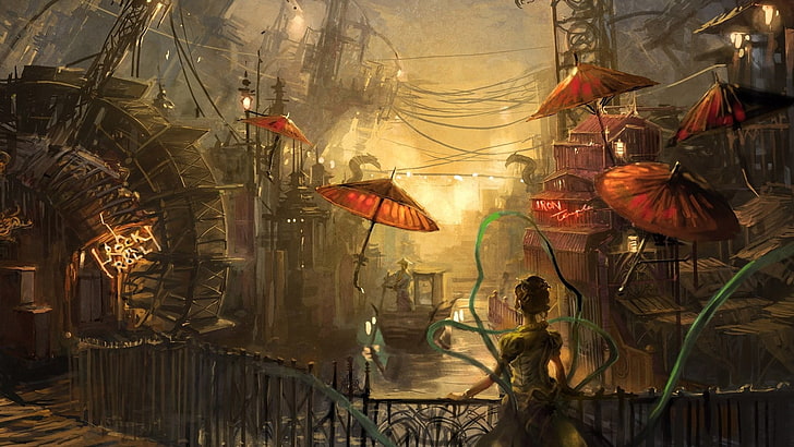 وقوف المرأة، عن، الجسر، على مقربة من، الرجل، ركب زورق، رسم، تمطر، ضوء الشمس، مظلة، Chinese، خلفية HD