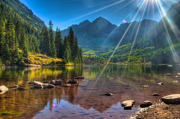 body of water between tall trees in daytime photo, maroon bells, maroon bells, Maroon Bells, body of water, tall, trees, daytime, photo, mountain  peak, hdr, maroon  bells, colorado  lake, scenic, nature, mountain, landscape, lake, water, forest, scenics, outdoors, reflection, travel, beauty In Nature, rock - Object, tree, HD wallpaper