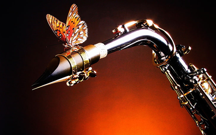silver saxophone, Butterfly, Wings, Saxophone, HD wallpaper