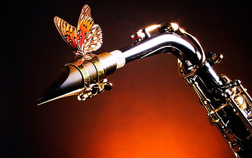 saxophone argenté, papillon, ailes, saxophone, Fond d'écran HD HD wallpaper