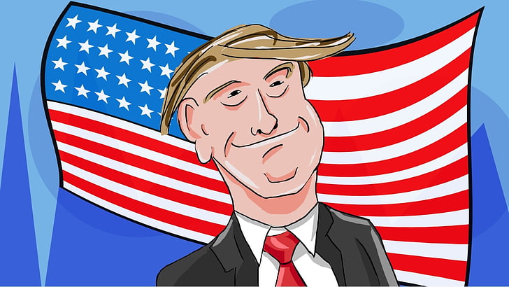 Дональд Трамп, мультфильм, карикатура, президенты, американский флаг, костюмы, звезды и полосы, HD обои