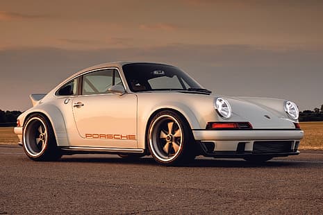 Porsche 911 Singer, auto bianche, auto sportive, auto tedesche, bagliore del tramonto, Sfondo HD HD wallpaper