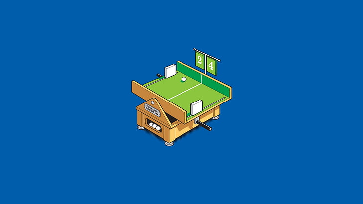 ilustrasi meja bermain hijau dan coklat, game retro, minimalis, ping pong, isometrik, Wallpaper HD