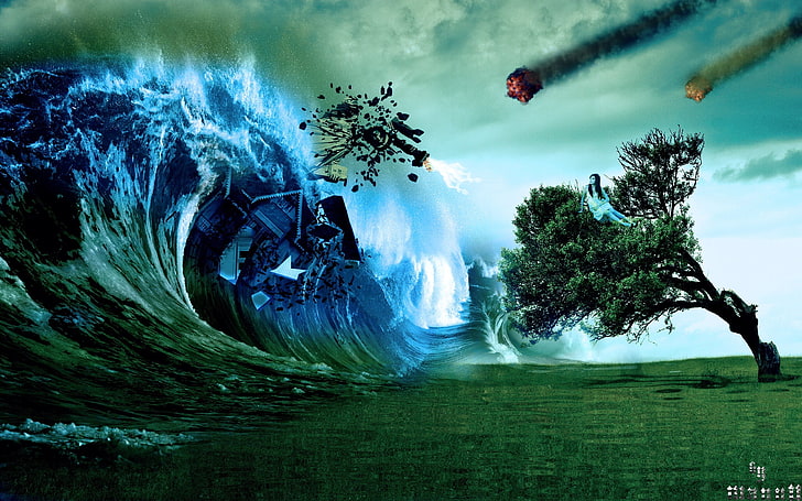 sea wave illustration, trees, waves, digital art, HD wallpaper