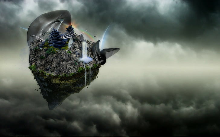 fantasy art artwork digital art floating island clouds nature chinese architecture rock roots trees waterfall rainbows birds, HD wallpaper