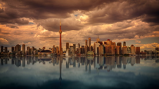 зора, Торонто, отражение, силует, залез, води, HD тапет HD wallpaper